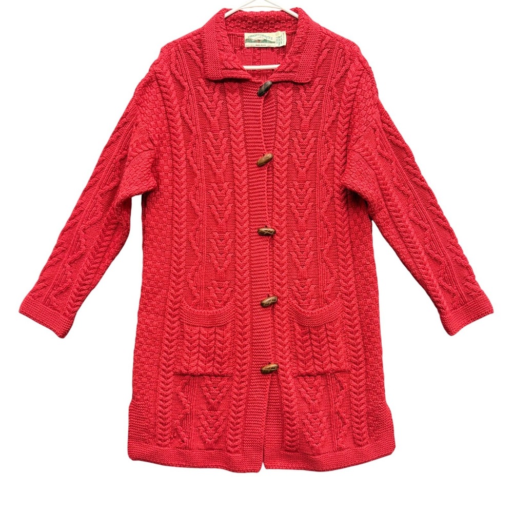 Aran Crafts Ireland Red Merino Wool Cable Knit Toggle Cardigan Sweater Womens S